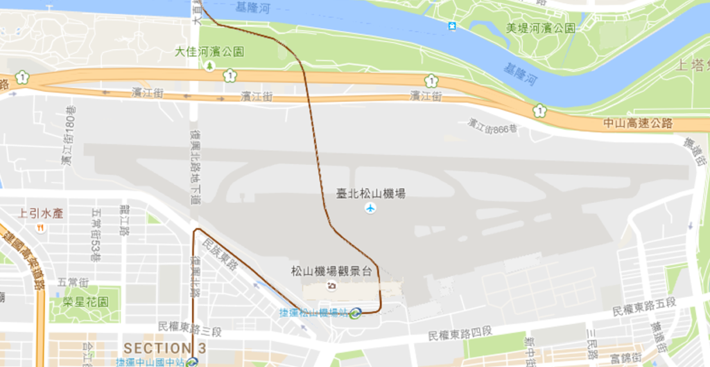 圖二  飛機跑道為東西向的松山機場（地圖的正上方為北方，資料來源：Google地圖）。
