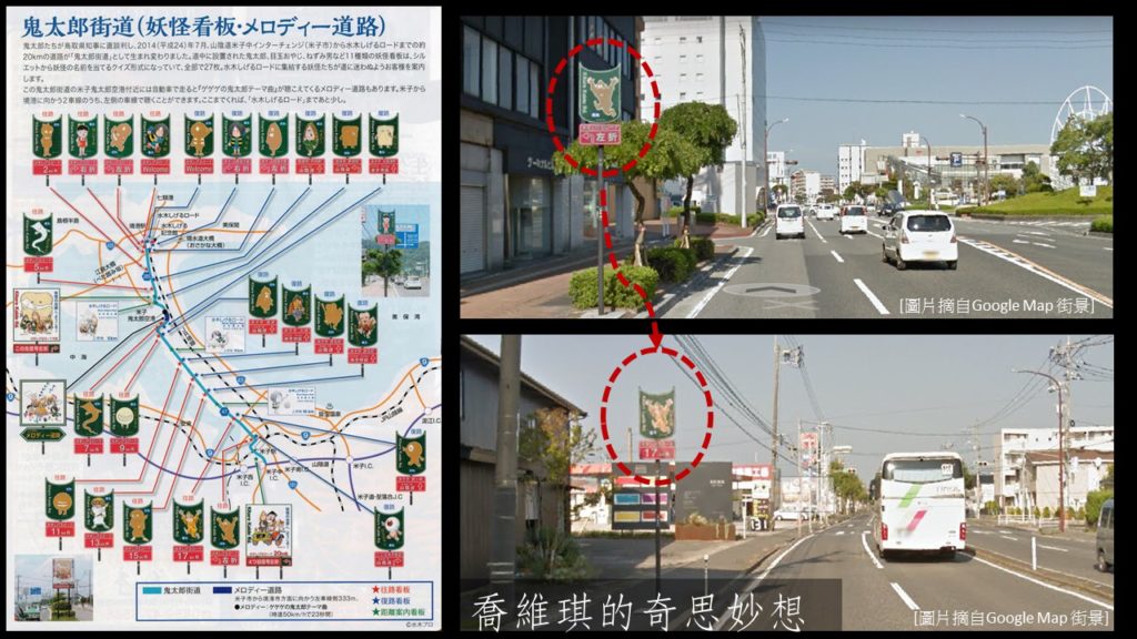 鬼太郎街道全圖，完整標示了「妖怪看板」、「音樂道路（メロディー）」的位置。左圖資料來源：2016年版《魚和鬼太郎小鎮—境港市觀光指南地圖（さかなと鬼太郎もまち—境港市観光ガイドマップ）》。右圖摘自Google Map 街景。（拍攝時點為2017年10月。）