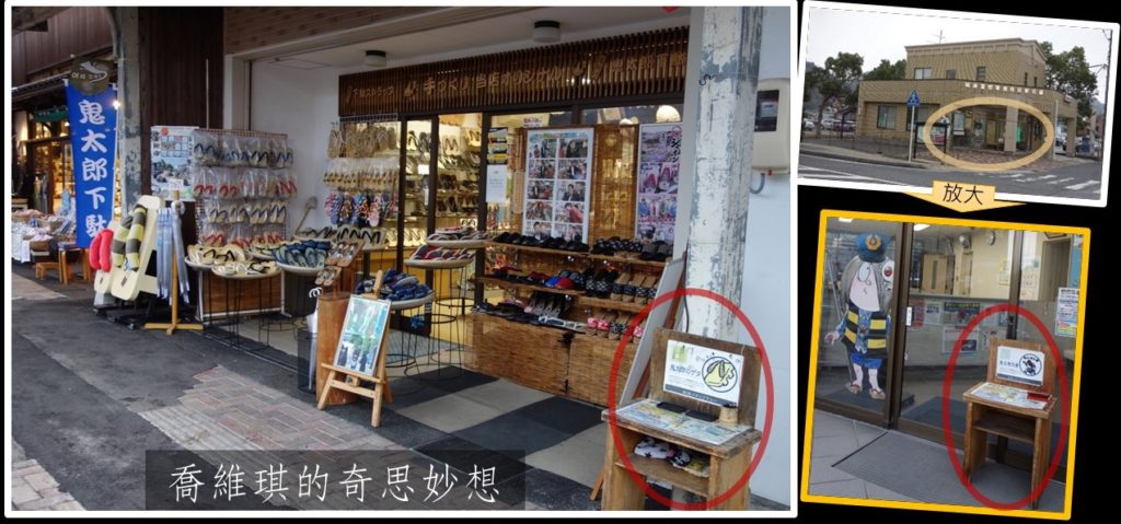 水木茂大街沿途商店外的「妖怪集章台」（紅色圈圈處），有的妖怪紀念章的圖案還搭配了商店主題，像是木屐店的印章就是「鬼太郎的遙控木屐」（左圖），連警察局前也有（右上），是鬼太郎戴著警察帽的圖案（左下），非常可愛！ 