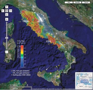 Locations of the CO2-rich and CH4-rich gas emissions archived in GOOGAS (yellow and blue triangles), CO2 Earth degassing map (color scale) from carbon mass balance of aquifers (Chiodini et al., 2004), and seismic activity in Italy (see http://legacy.ingv.it/CSI/), indicated by white dots. Two previously identified large structures, the Tuscan Roman Degassing Structure (TRDS) and the Campanian Degassing Structure (CDS), are also labeled. Background map of Italy provided by Google Maps.